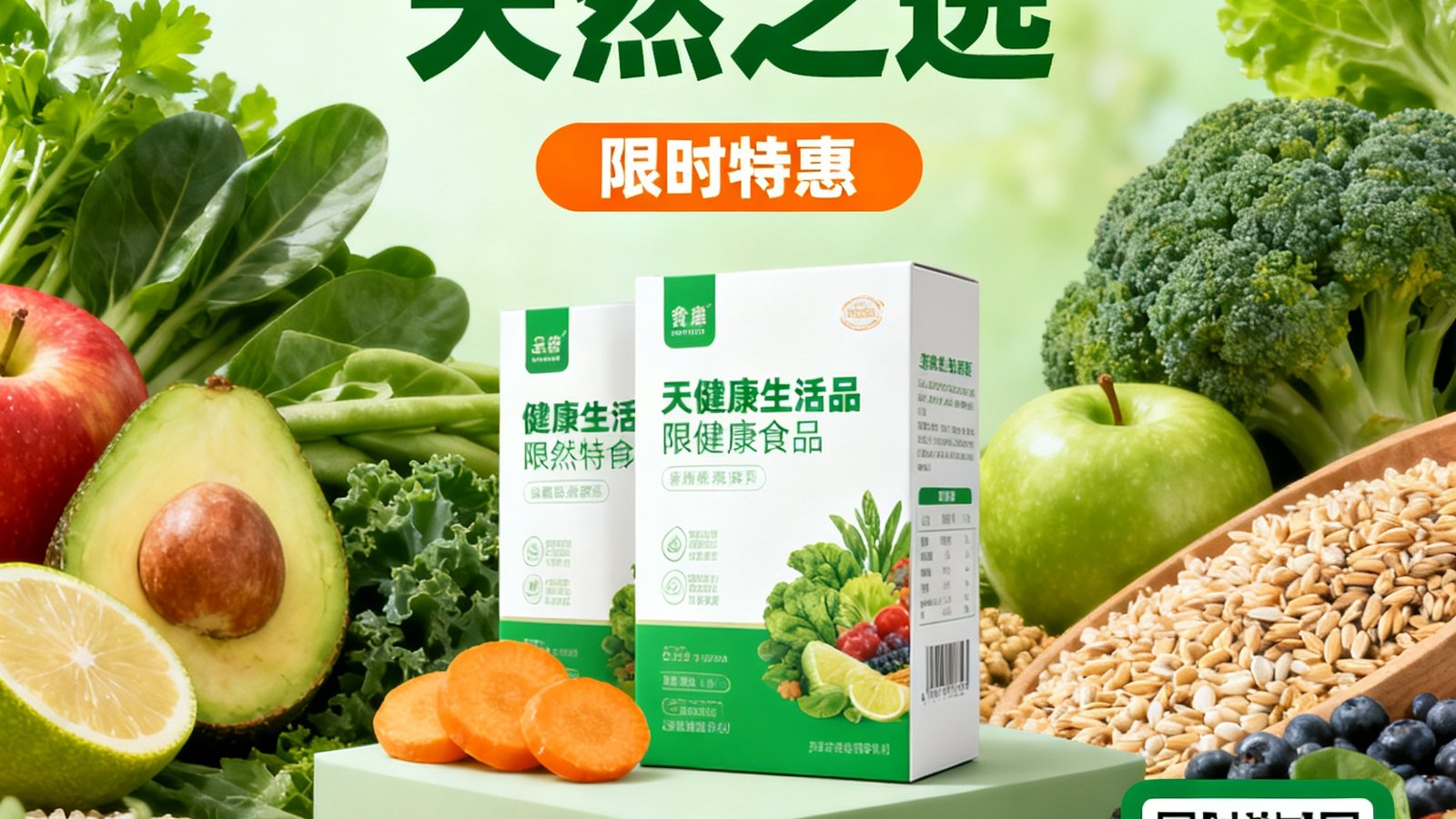 某健康食品品牌在杭州高端社区公告屏上投放的静态海报广告，画面以绿色天然食材为背景，突出产品包装和促销二维码