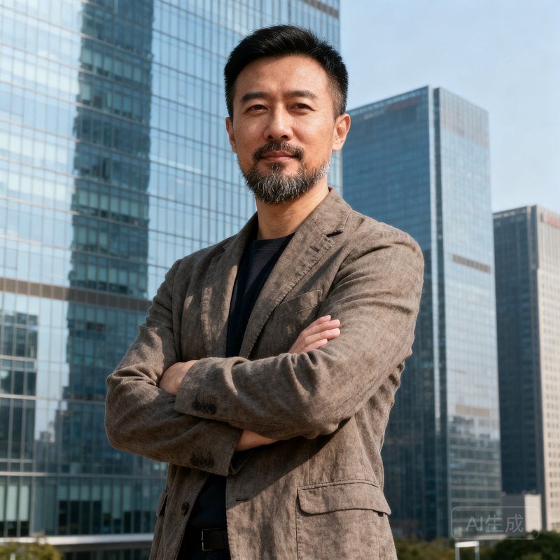 张浩然——COO首席运营官，三十五岁男性，留着短胡须，穿着休闲西装外套，站在城市写字楼群前双手抱臂
